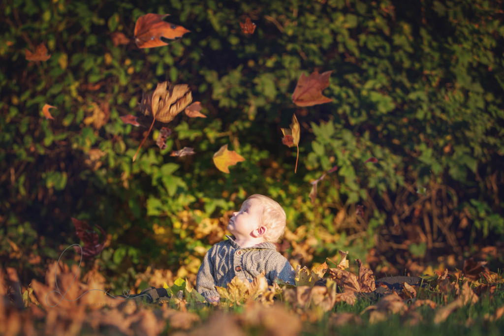 baby boy with falling leaves